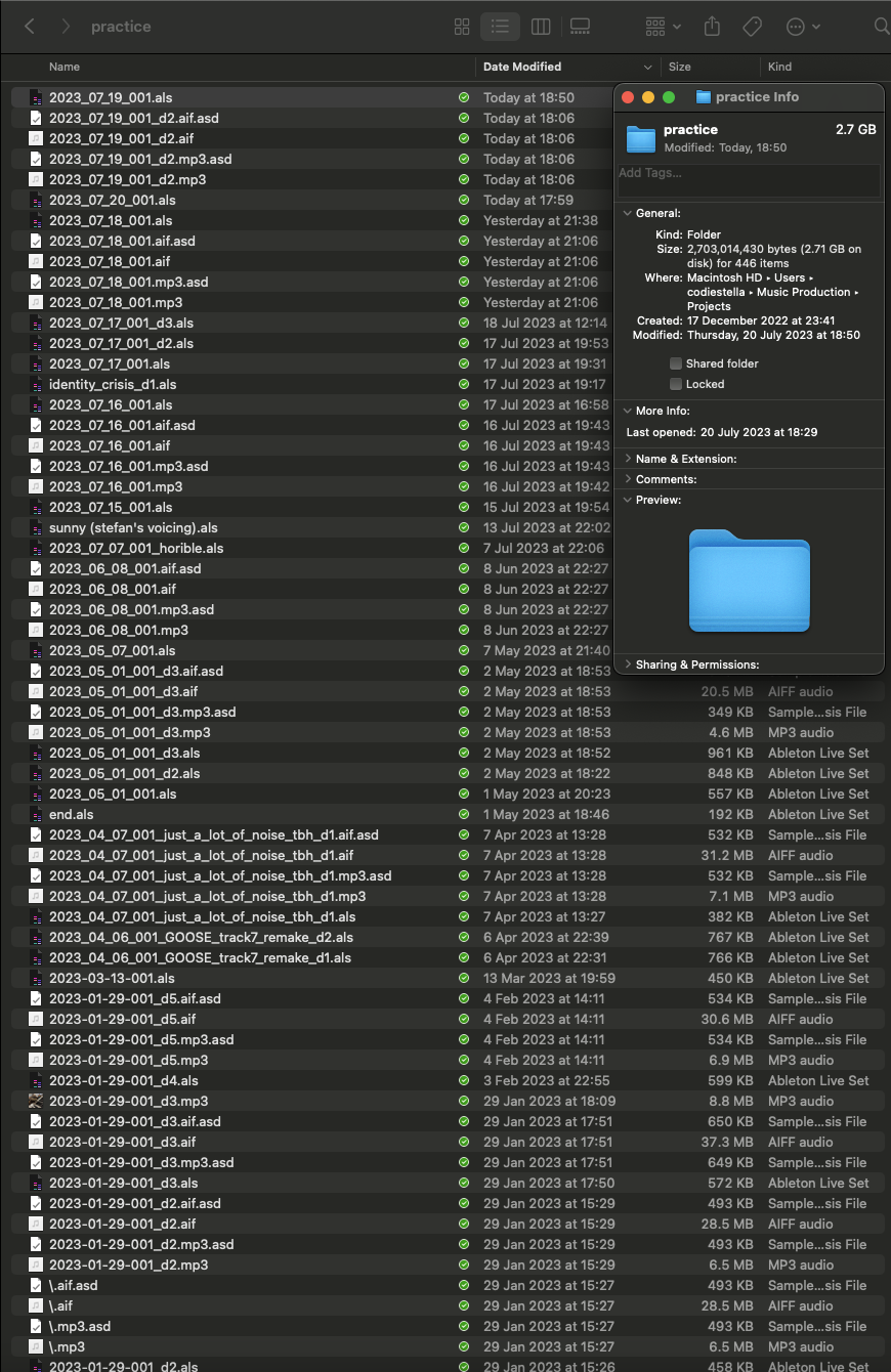 A folder containing many Ableton Live Set files dated throughout 2023.